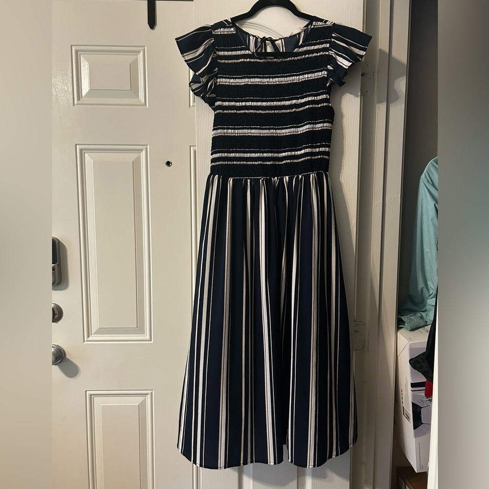Altar'd State Navy and Cream Striped Midi Dress